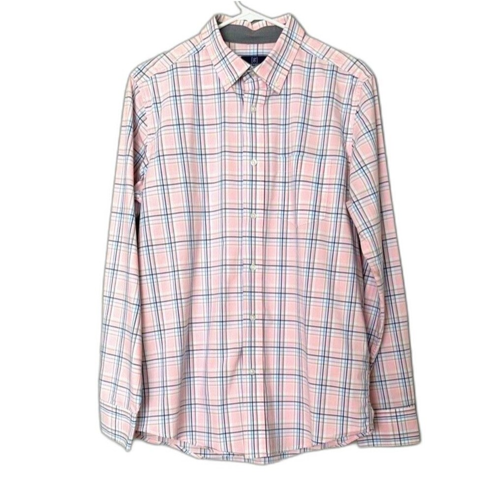 George Classic Fit Button Up Shirt Men's Medium Pink Plaid Long Sleeve Casual